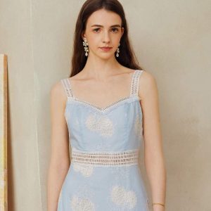PREMIUM EMBROIDERY LASER CUT CONTRAST FLOWY HEM SLIP LONG DRESS