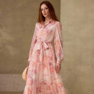 PREMIUM WOMEN'S ELEGANT VACATION FLORAL PRINT WAIST CINCHED DRESS