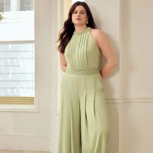 PREMIUM PLUS SIZE WOMEN'S HALTER NECK RUCHED JUMPSUIT