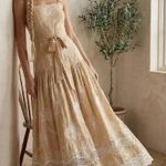 Anewsta Elegant Khaki Embroidered Lace Trim Cinched Waist Sleeveless Dress