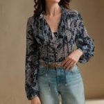 Anewsta Paisley Print Long Sleeve Stand Collar Flowy Blouse