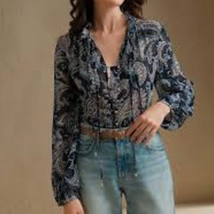 Anewsta Paisley Print Long Sleeve Stand Collar Flowy Blouse