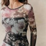 Anewsta Women's Elegant Black Floral Mesh Floral Print Round Neck Long Sleeve Fishtail Hem Slim Fit