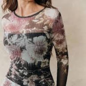 Anewsta Women's Elegant Black Floral Mesh Floral Print Round Neck Long Sleeve Fishtail Hem Slim Fit