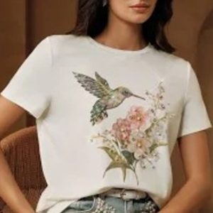 Anewsta New Women's Summer Casual Beaded Hummingbird & Floral Print Round Neck Short Sleeve T-Shirt, Gentle Style Versatile Slim Fit Casual Top